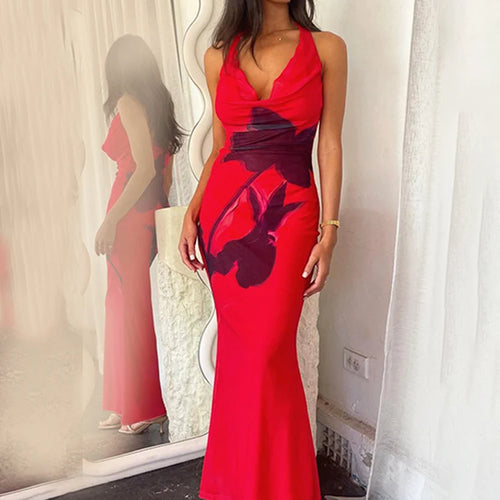 Load image into Gallery viewer, Halter Deep V Neck Printed Maxi Dress For Women Gown Red Off-shoulder Sleeveless Backless Fashion Bodycon Long Dress
