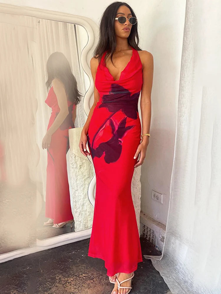 Halter Deep V Neck Printed Maxi Dress For Women Gown Red Off-shoulder Sleeveless Backless Fashion Bodycon Long Dress