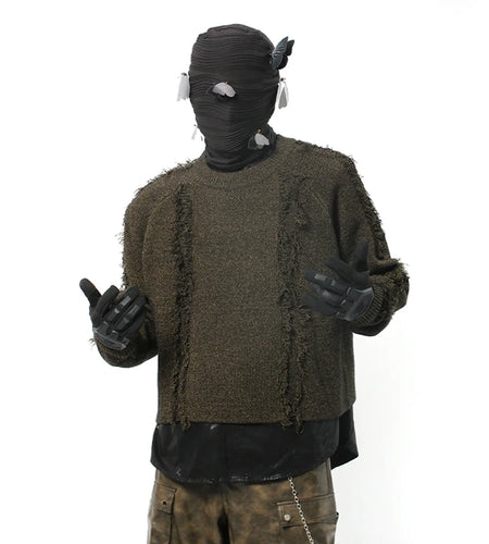 American Style Men's Sweaters Round Collar Tassels Patchwork Knitting Solid Color Pullover Male Knits Menswear 2024 9C9378