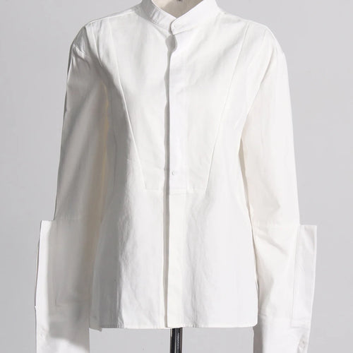 Load image into Gallery viewer, Solid Spliced Single Breasted Basics Shirts for Women Stand Neck Long Sleeves Minimalist Shirt Female Clothing New
