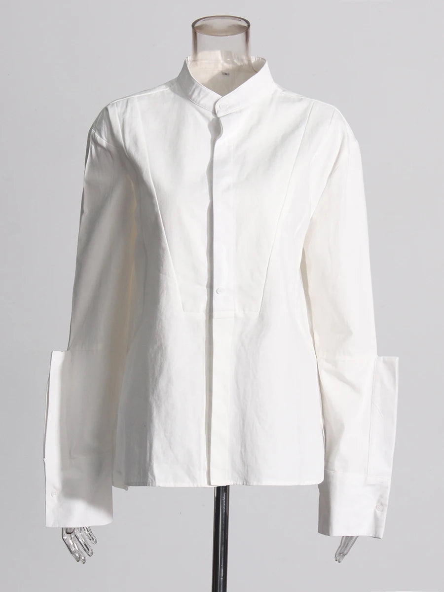 Solid Spliced Single Breasted Basics Shirts for Women Stand Neck Long Sleeves Minimalist Shirt Female Clothing New