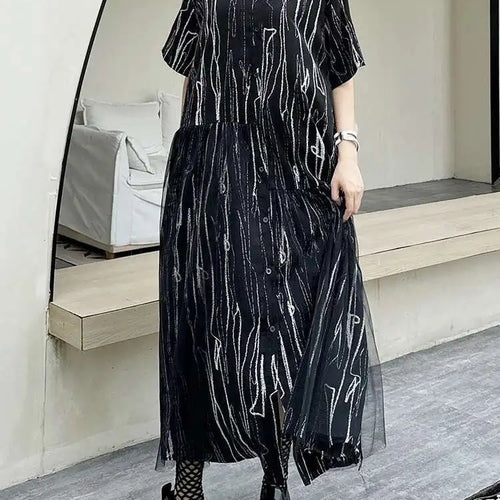 Load image into Gallery viewer, Women Black White Tie Dye Mesh Big Size Midi Shirt Dress New Lapel Short Sleeve Fashion Tide Spring Summer 2025 1DH5962
