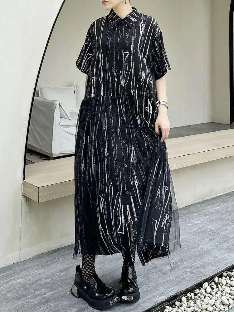 Women Black White Tie Dye Mesh Big Size Midi Shirt Dress New Lapel Short Sleeve Fashion Tide Spring Summer 2025 1DH5962
