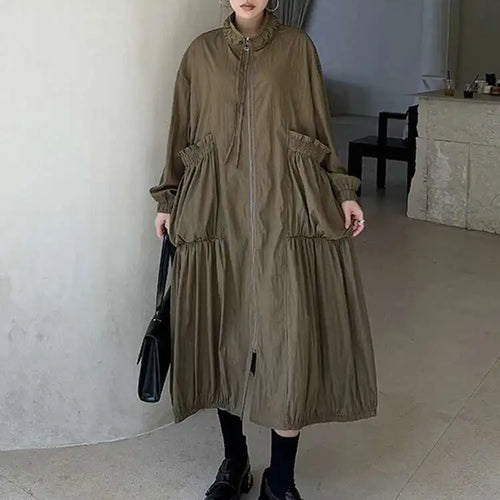 Load image into Gallery viewer, Women Khaki Pleated Big Size Casual Midi Dress New Stand Collar Long Sleeve Fashion Tide Spring Autumn 2025 1DH6824
