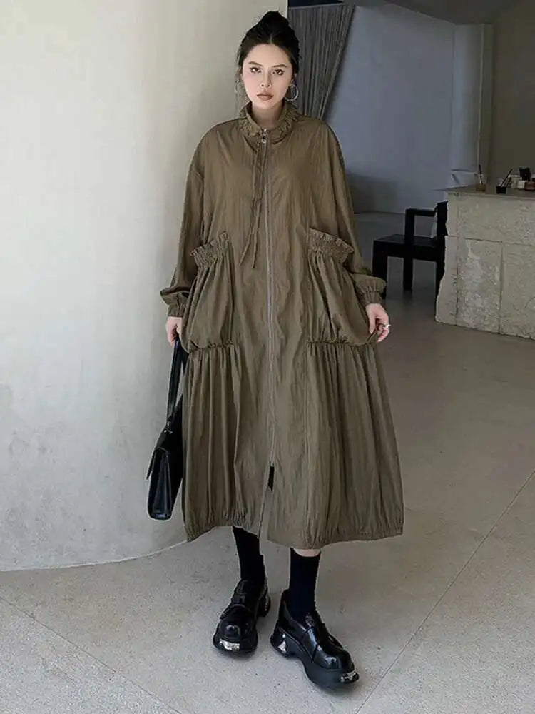 Women Khaki Pleated Big Size Casual Midi Dress New Stand Collar Long Sleeve Fashion Tide Spring Autumn 2025 1DH6824