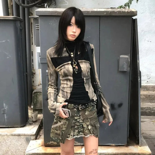 Load image into Gallery viewer, Japanese Y2k Ribbed Tops Vintage Harajuku Cross Print T-shirt Grunge Aesthetics Long Sleeve Patchwork Tops Trashy 2000s
