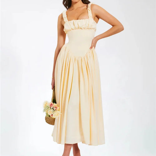 Load image into Gallery viewer, Elegant Satin Backless Midi Dress For Women High Quality Sundress Fashion Square Collar Sleeveless Loose Pleated Dress
