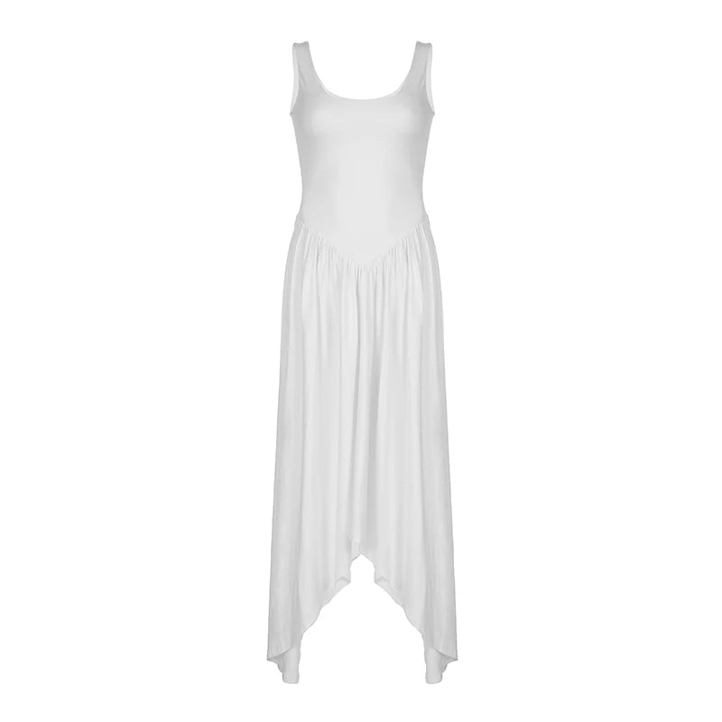 Streetwear White Tank Long Dress Holidays Basic Fashion Sleeveless Folds A-Line Summer Dress Female Korean Beach New