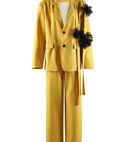Flower Ribbon Blazer Wide Leg Pants Two Piece Suit New Lapel Long Sleeve Women Fashion Tide Spring Autumn 2025 CPG2570