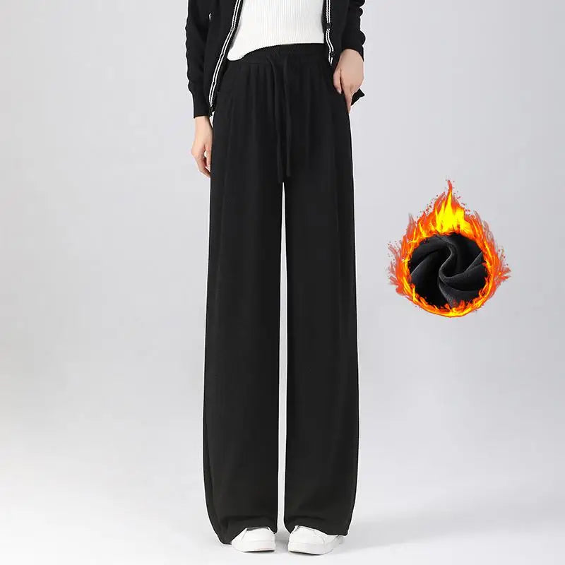 Winter Women Solid Velvet High Waist Drawstring Pant Korean Fashion Versatile Wide Leg Trousers Casual Thick New 2024 Trend Chic