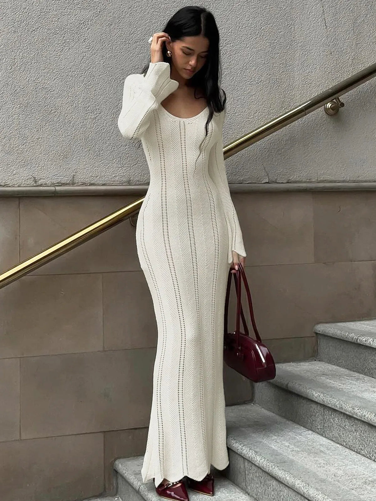 Elegant Long Sleeve Midi Dress Wool Knitted Ribbed Luxury Women Dresses Evening Party Cocktail Birthday Vacation Y2K