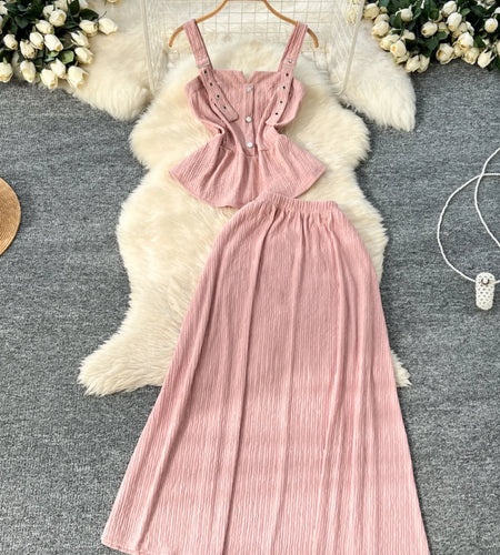 Summer Two Pieces Set Women Solid Sexy Club Elegant Button Backless Short Slip Tops And High Waist Pleated Long Skirt Suit Korea