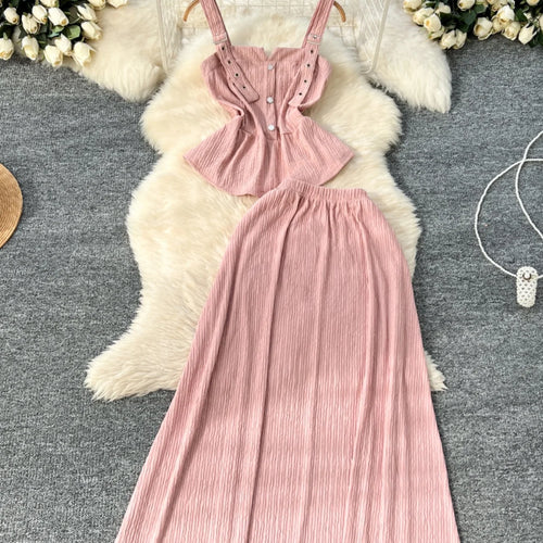 Load image into Gallery viewer, Summer Two Pieces Set Women Solid Sexy Club Elegant Button Backless Short Slip Tops And High Waist Pleated Long Skirt Suit Korea
