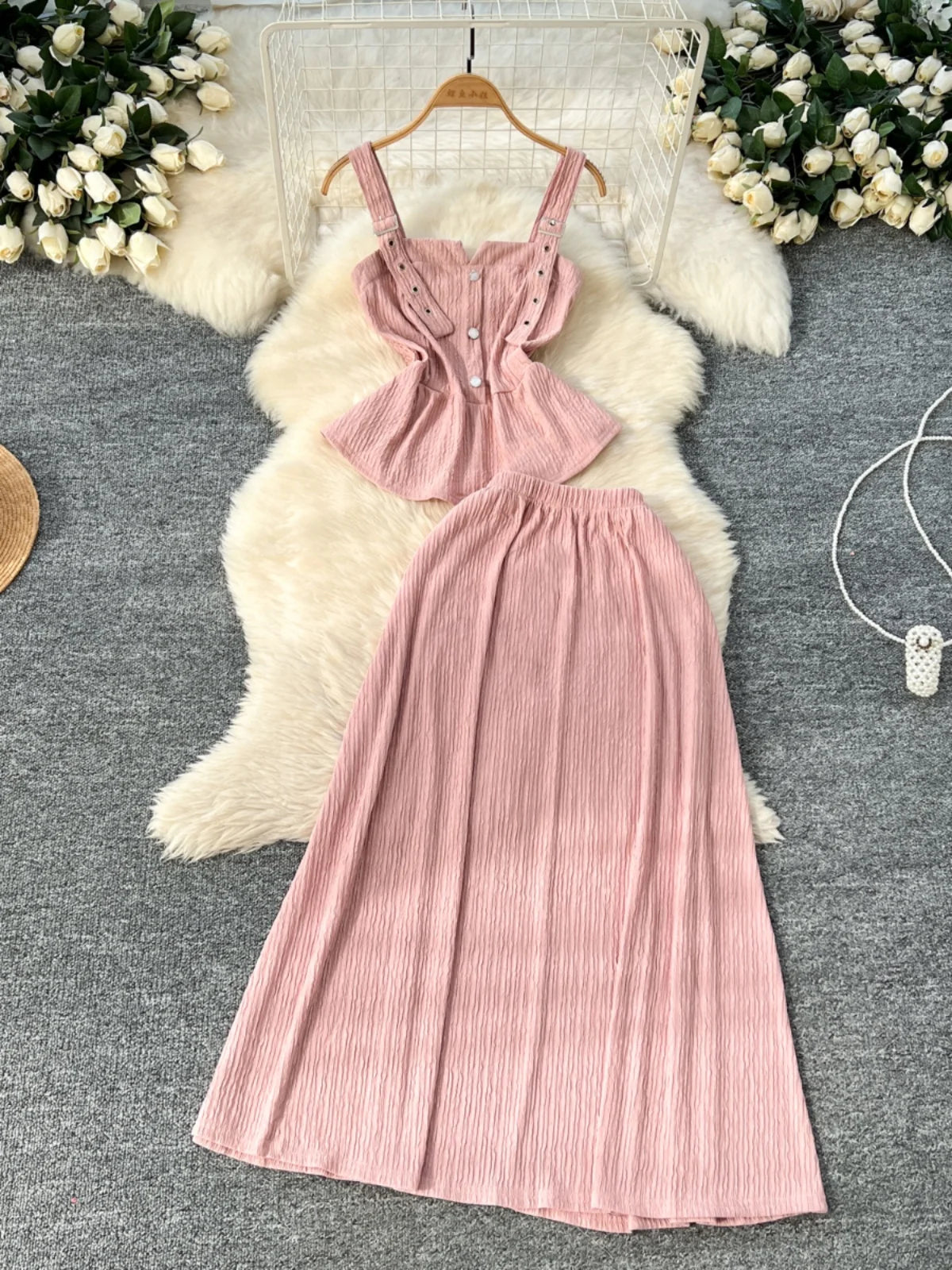 Summer Two Pieces Set Women Solid Sexy Club Elegant Button Backless Short Slip Tops And High Waist Pleated Long Skirt Suit Korea
