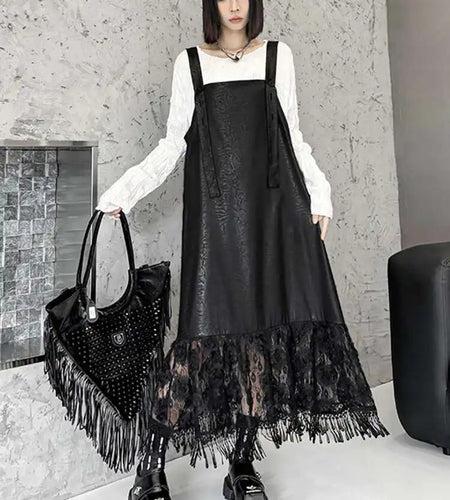 Women Black Pu Leather Hem Lace Big Size Strap Dress New Square Collar Sleeveless Fashion Tide Spring Autumn 2025 1DH7279