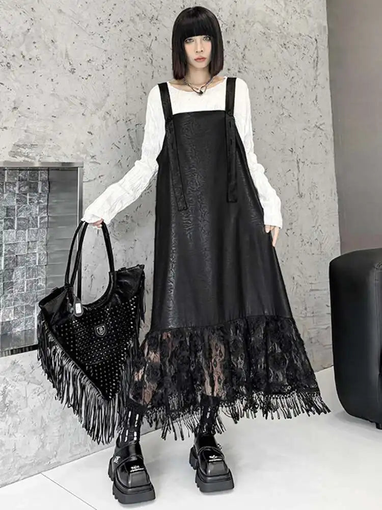 Women Black Pu Leather Hem Lace Big Size Strap Dress New Square Collar Sleeveless Fashion Tide Spring Autumn 2025 1DH7279
