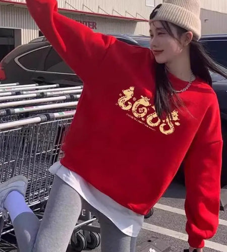 Autumn Winter New Red Letter Print Round Neck Velvet Sweatshirt Thick Korean Women's Loose Long Sleeved Vacation Cotton Tops Y2k