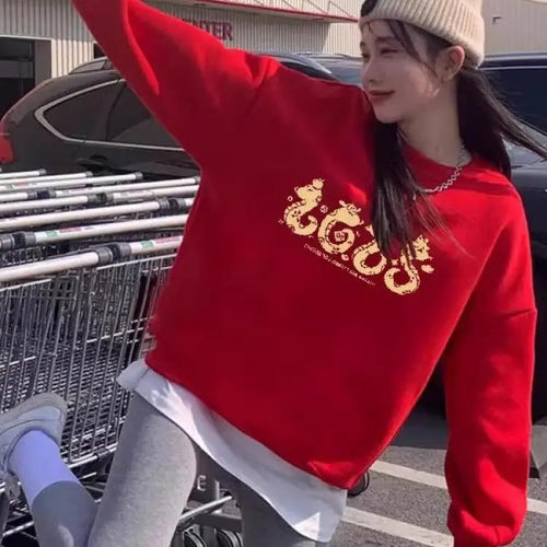 Load image into Gallery viewer, Autumn Winter New Red Letter Print Round Neck Velvet Sweatshirt Thick Korean Women's Loose Long Sleeved Vacation Cotton Tops Y2k
