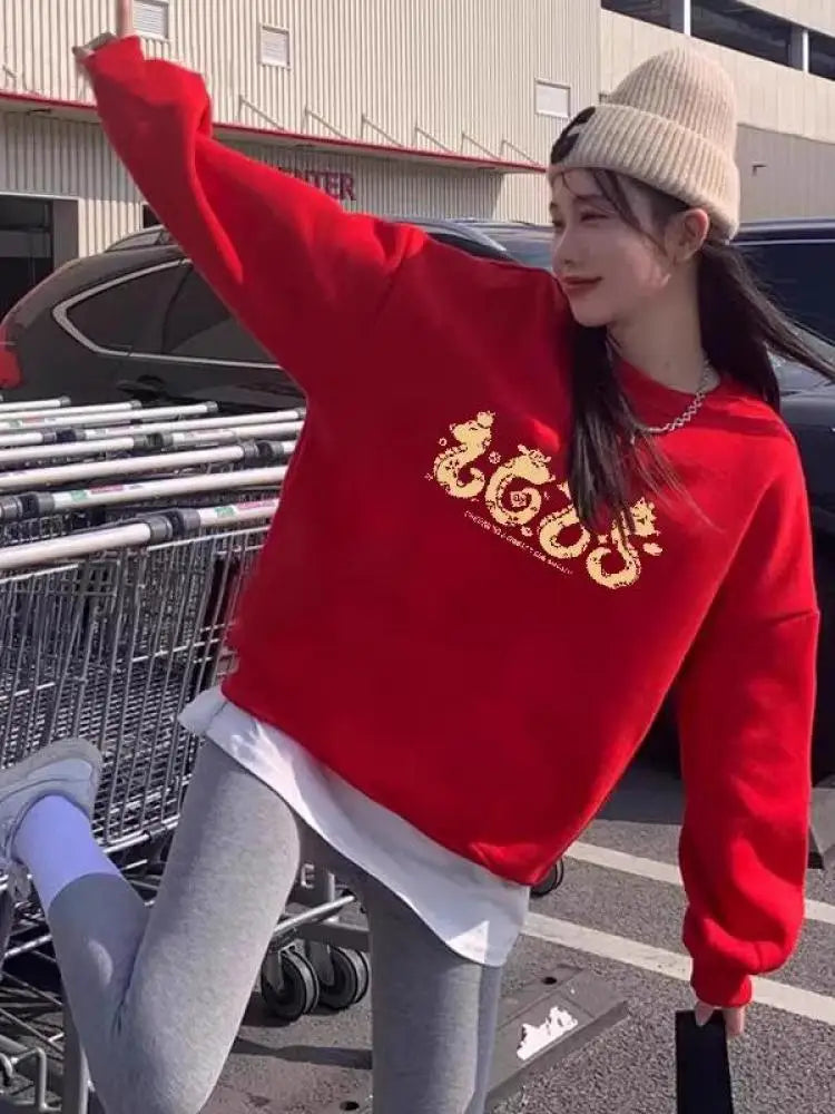 Autumn Winter New Red Letter Print Round Neck Velvet Sweatshirt Thick Korean Women's Loose Long Sleeved Vacation Cotton Tops Y2k