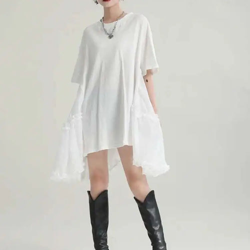 Load image into Gallery viewer, Women Black Ruffles Irregular Big Size Mini Dress New Round Neck Short Sleeve Fashion Tide Spring Summer 2025 1DH9574
