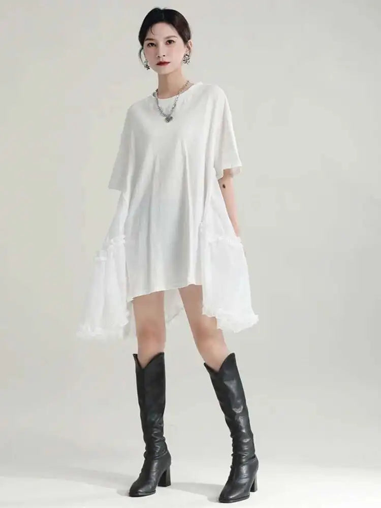 Women Black Ruffles Irregular Big Size Mini Dress New Round Neck Short Sleeve Fashion Tide Spring Summer 2025 1DH9574