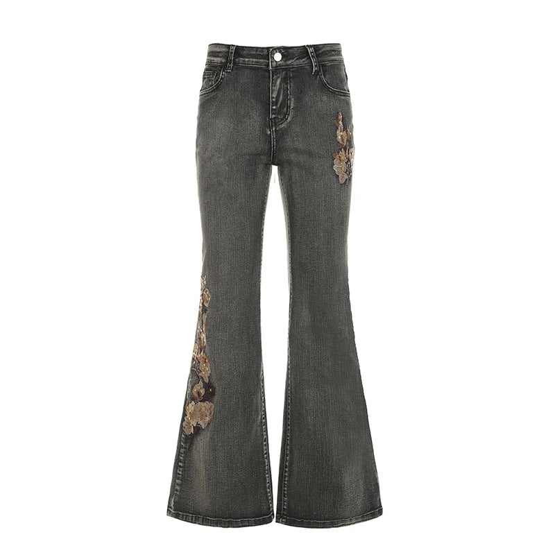 Vintage Floral Sequin Embroidered Flared Jeans Women's Full Lenght Low Waist With Pockets Denim Trousers Bottoms Chic