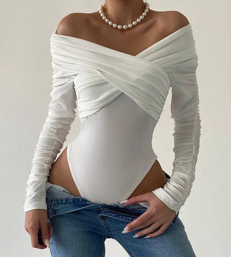 Fashion White Fold Skinny Sexy Bodysuit Women Off Shoulder Party Body One Piece Criss-Cross Elegant Jumpsuit Outfits