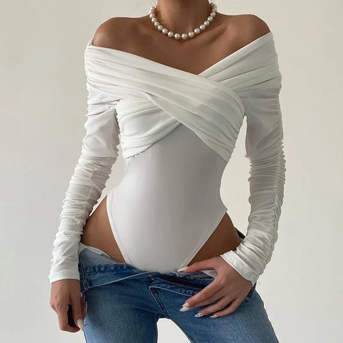 Load image into Gallery viewer, Fashion White Fold Skinny Sexy Bodysuit Women Off Shoulder Party Body One Piece Criss-Cross Elegant Jumpsuit Outfits
