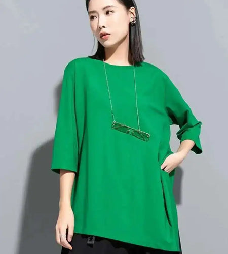 Women Green Irregular Hem Big Size Casual T-shirt New Round Neck Three-quarter Sleeve Fashion Spring Autumn 2025 1DH5949