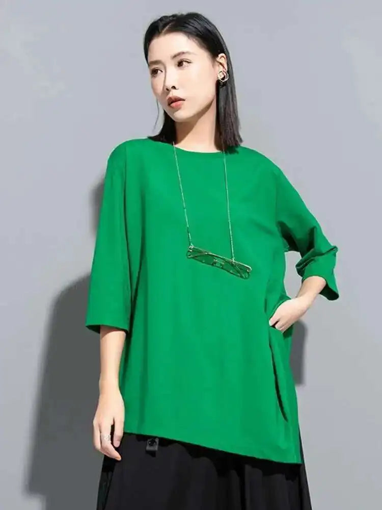 Women Green Irregular Hem Big Size Casual T-shirt New Round Neck Three-quarter Sleeve Fashion Spring Autumn 2025 1DH5949