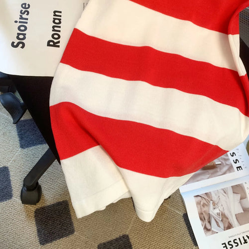 Load image into Gallery viewer, Women Red White Striped Patchwork Knit Mini Dress 2024 New Slim Polo Collar Ladies Short Sleeve Wrapped Hip A-line Dress Fashion
