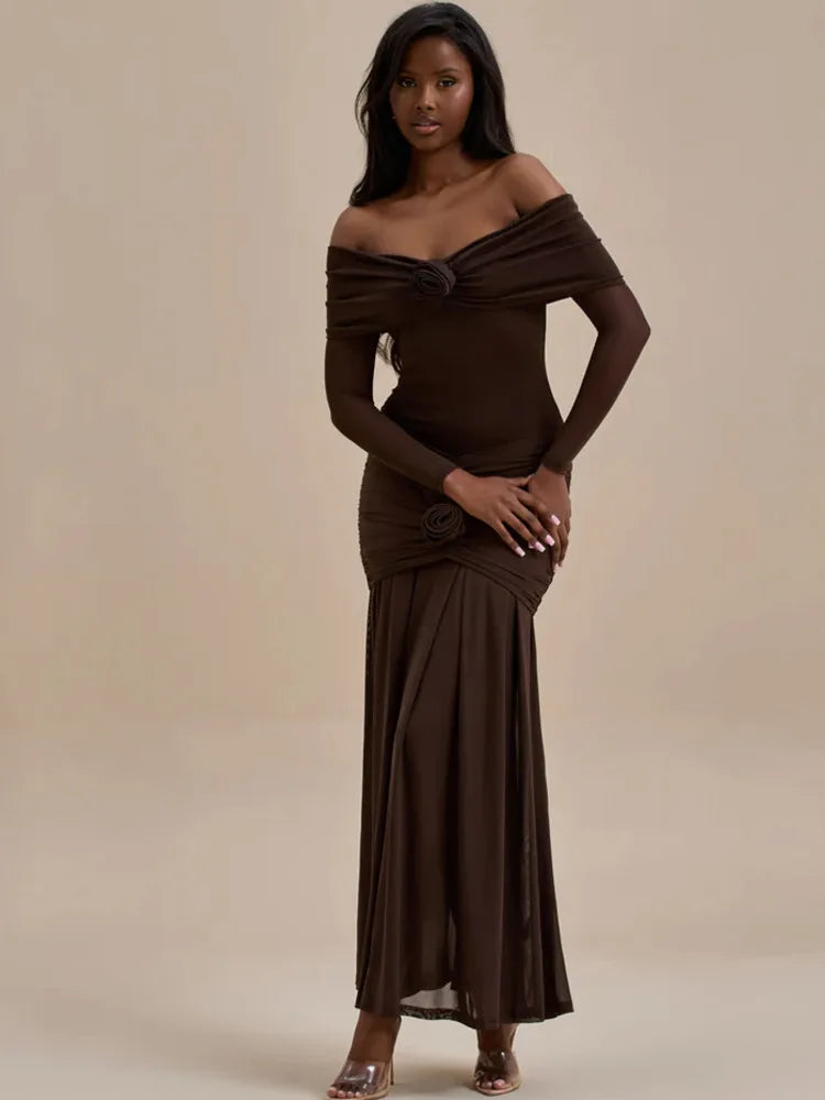 Elegant Mesh Patchwork Long Sleeve One Shoulder Bodycon Party Evening Dress Women Sexy Backless Slim New 2025 Vestido