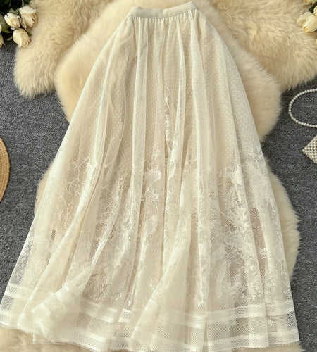 Vintage Elegant Women Black White Mesh High Waist Vacation Long Skirt Autumn Winter New Brown Pleated A-line Short Skirt Popular