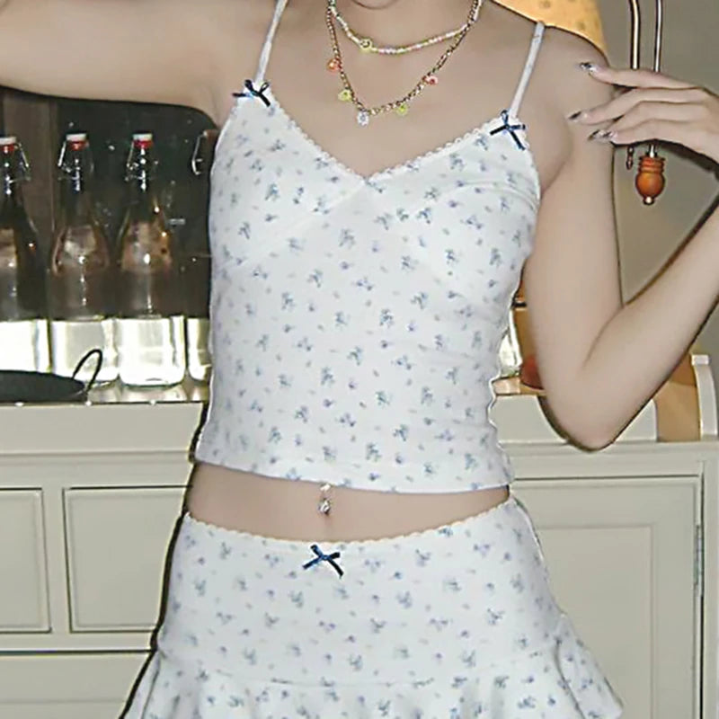 Cottagecore Small Flowers Print Summer Crop Top Female Bow Korean Fashion Slim Bow Camisole Tops Cutecore Short Tees