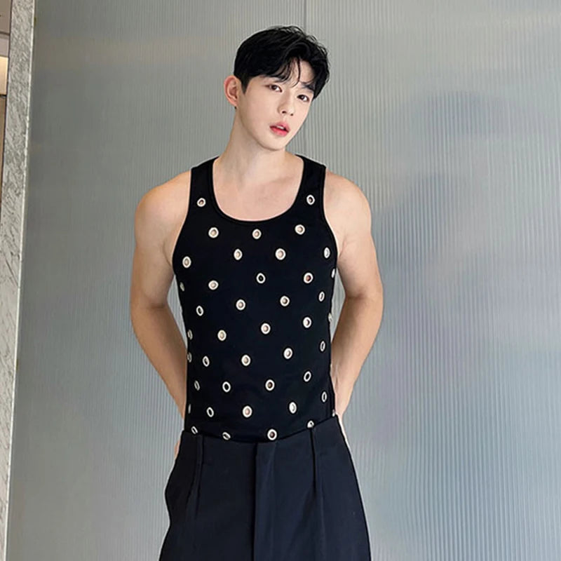 Hollow Out Vest Trend Men's Niche Design Metal Hole Personality Pullover Tank Top Korean Style Sleeveless Streetwaer 9C1564