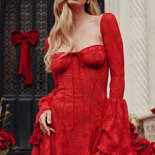 Load image into Gallery viewer, Lace Print Long Flare Sleeve Sexy Maxi Dress For Women Fashion Square Collar Backless Bodycon Club Party Sexy Dress
