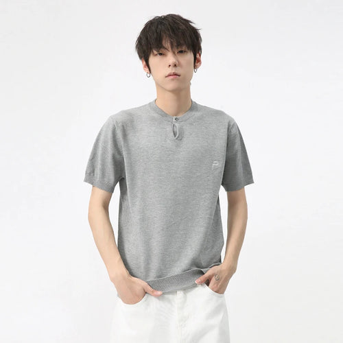 Load image into Gallery viewer, Summer Men&#39;s T-shirt Korean Style Simple Button Small Neck Design Knitted Top Trendy Solid Color Pullover 9C5834
