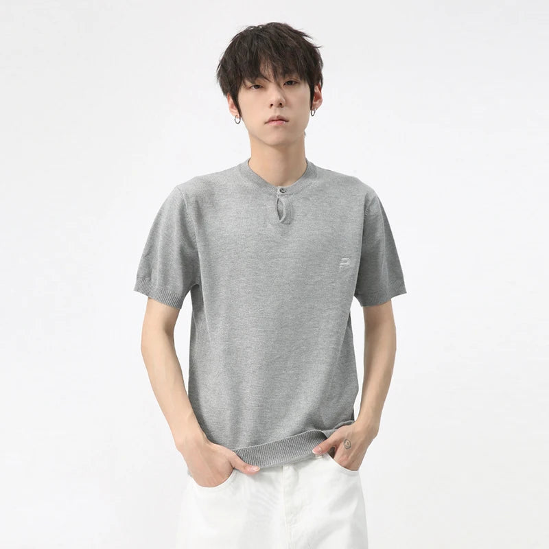 Summer Men's T-shirt Korean Style Simple Button Small Neck Design Knitted Top Trendy Solid Color Pullover 9C5834