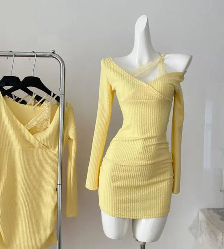 Korean Fashion Yellow Lace Elegant Office Lady Slim Mini Dress Women's Autumn New Pink Temperament Long Sleeves Short Dress Chic