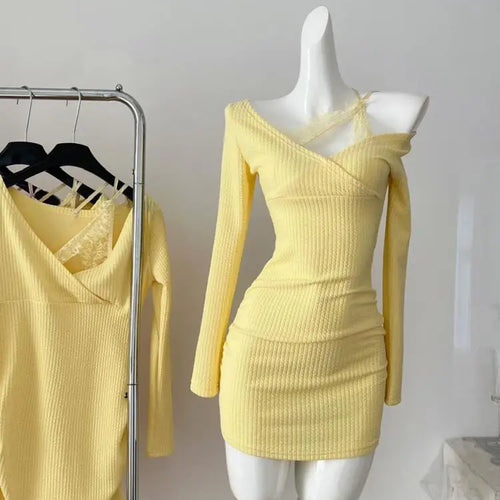 Load image into Gallery viewer, Korean Fashion Yellow Lace Elegant Office Lady Slim Mini Dress Women's Autumn New Pink Temperament Long Sleeves Short Dress Chic
