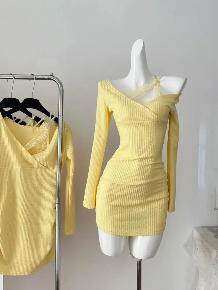 Korean Fashion Yellow Lace Elegant Office Lady Slim Mini Dress Women's Autumn New Pink Temperament Long Sleeves Short Dress Chic
