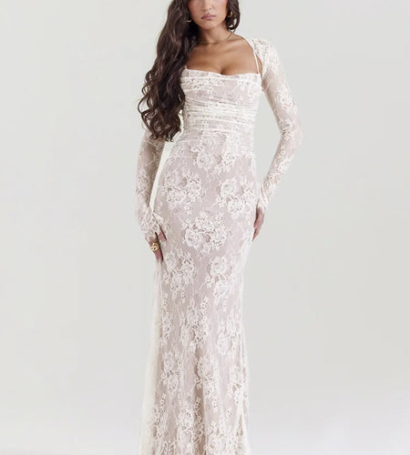 Elegant Lace Print Maxi Dress Set Women Fashion Spaghetti Strap Long Sleeve Bodycon Club Party Sexy Long Dress