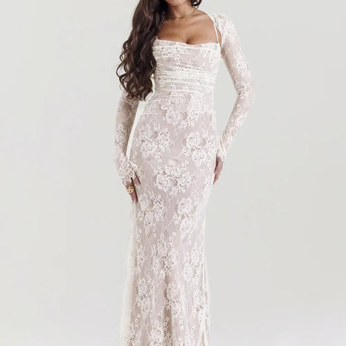 Load image into Gallery viewer, Elegant Lace Print Maxi Dress Set Women Fashion Spaghetti Strap Long Sleeve Bodycon Club Party Sexy Long Dress
