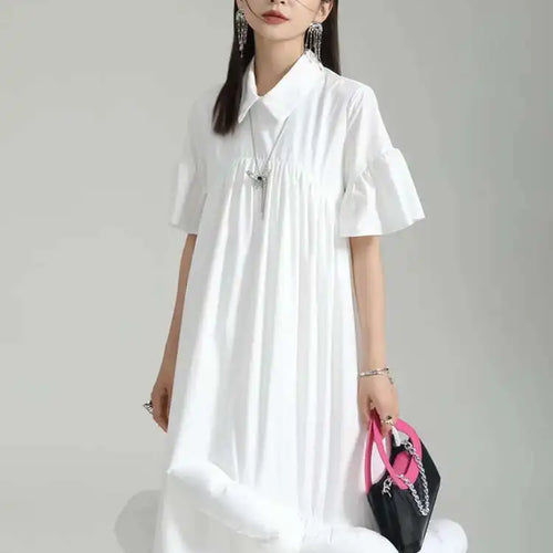 Load image into Gallery viewer, Women White Pleated Hem Ruffles Big Size Shirt Dress New Lapel Short Sleeve Loose Fit Fashion Spring Summer 2025 1DF7190
