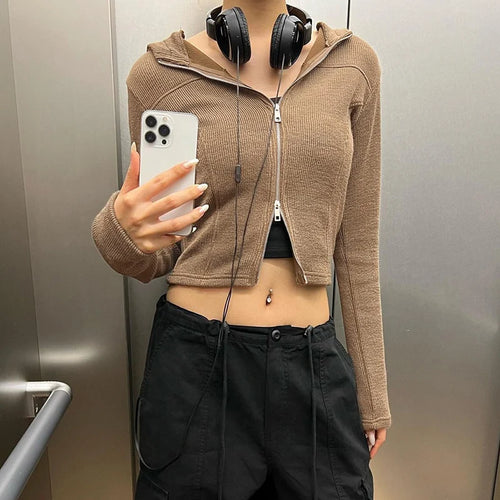 Load image into Gallery viewer, Casual Knit Spring Autumn T shirt Female Hooded Top Solid Basic Outwear Harajuku Zip Up Jacket Shirt Cropped Clothing
