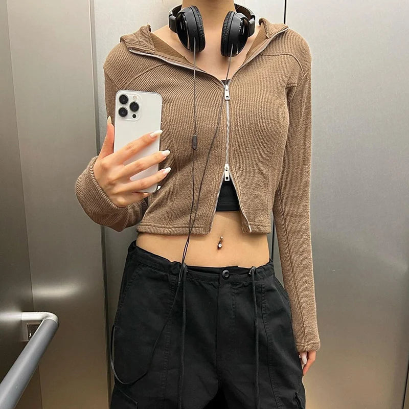 Casual Knit Spring Autumn T shirt Female Hooded Top Solid Basic Outwear Harajuku Zip Up Jacket Shirt Cropped Clothing