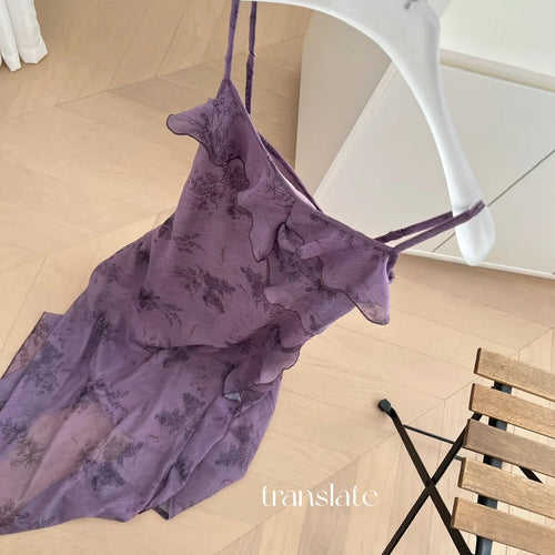 Load image into Gallery viewer, French Women's Purple Print Elegant Sexy Club Backless Slip Long Dress 2025 Summer Black Sleeveless Slim Vacation Party Dresses
