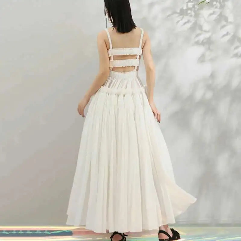 Women White Sling Backless Pleated Shrink Waist Slim Vintage Dress New Square Collar Fashion Spring Autumn 2025 JF54801