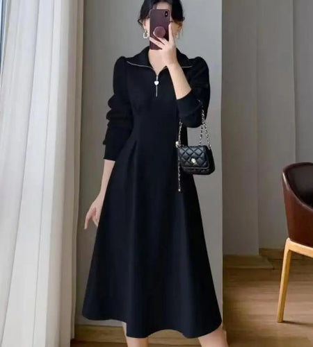 Autumn Winter French Ladies Black Elegant Long Dress White Velvet Thick Warm Long Sleeve Simple Evening Party Zipper Dress