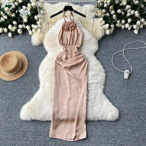 Load image into Gallery viewer, New Summer Women Khaki Sexy Backless Evening Party Halter Lace-up Dress Retro Elegant Sleeveless Slim Prom Pleated Dress Fashion
